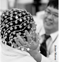 Demonstration of an EEG device, used today in neurological research on OCD.