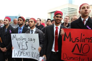 On March 23, 2013, members of Alif Laam Meem, a national Muslim fraternity based at the University of Texas at Dallas, stood up against domestic violence as Muslims and as men of Dallas. Source: AliMMahmoud94, Wikimedia Commons.