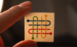 A 3-dimensional paper-based microfluidic device, designed by the Whitesides research group, with well-defined channels that can direct the flow of liquids.